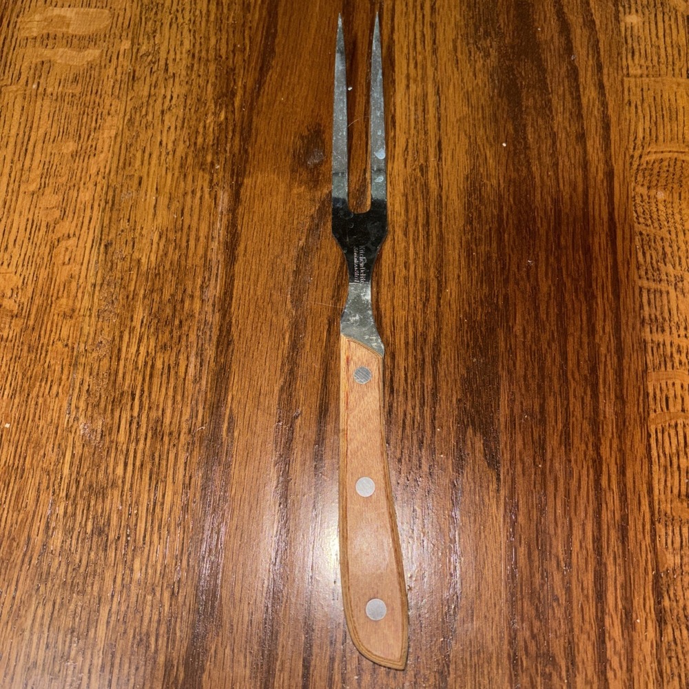 Vtg Kitchen Delite Stainless Meat Carving Fork Wood Handle 10 1/2" Japan